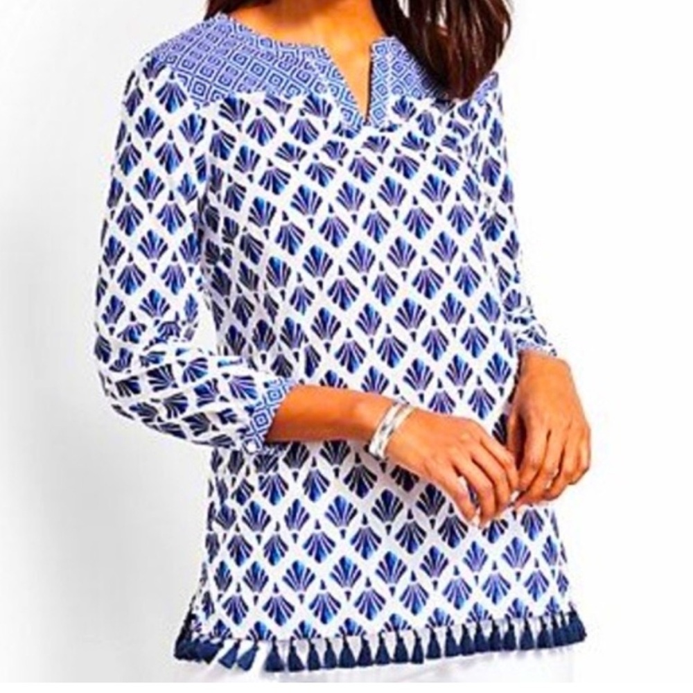 Talbots Painted Fan Top with Tassels, Blue & White Size L